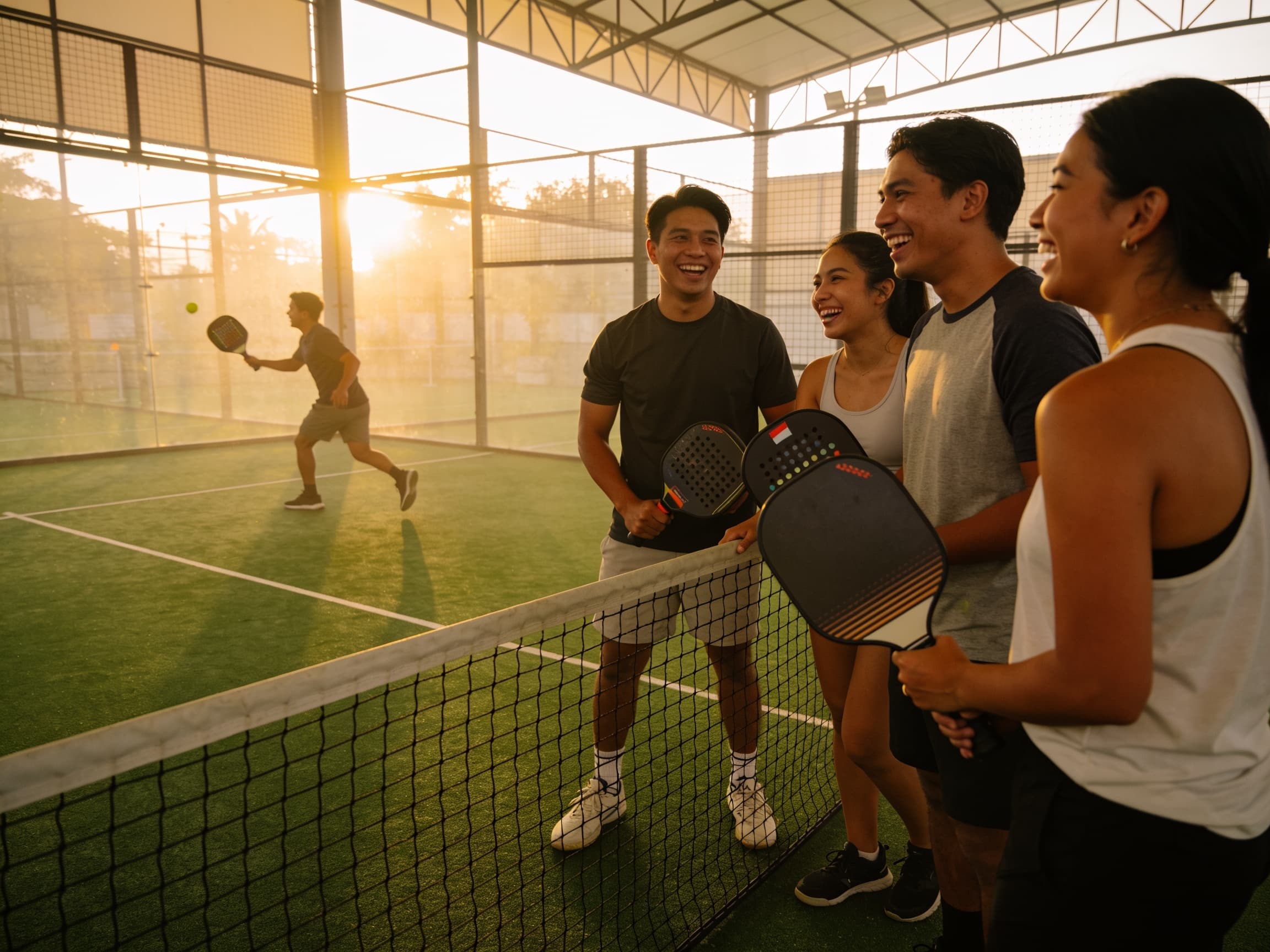 Friends laughing at the net between pickleball games at golden hour
