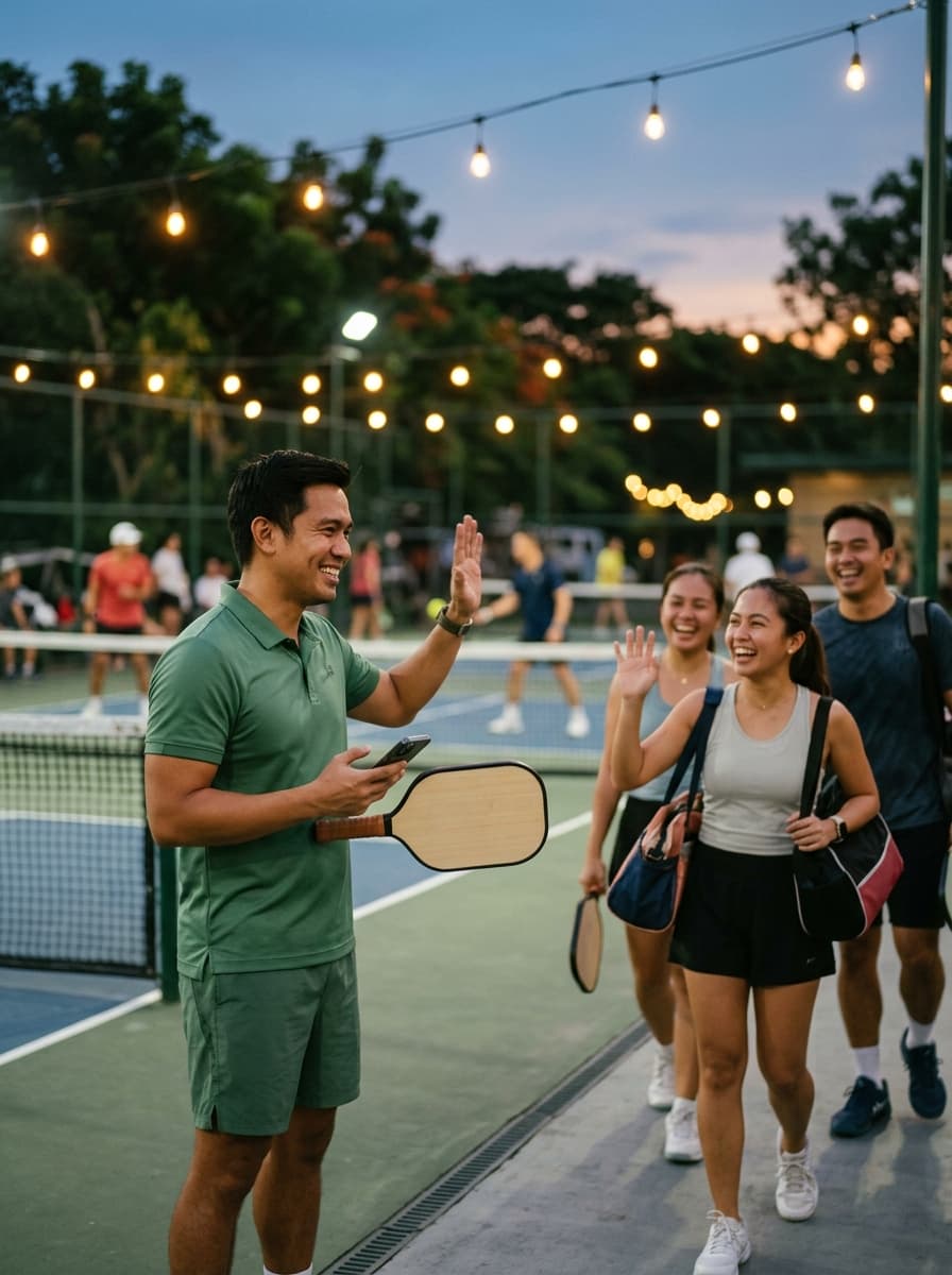 A club host welcoming players as they arrive at the courts in the evening